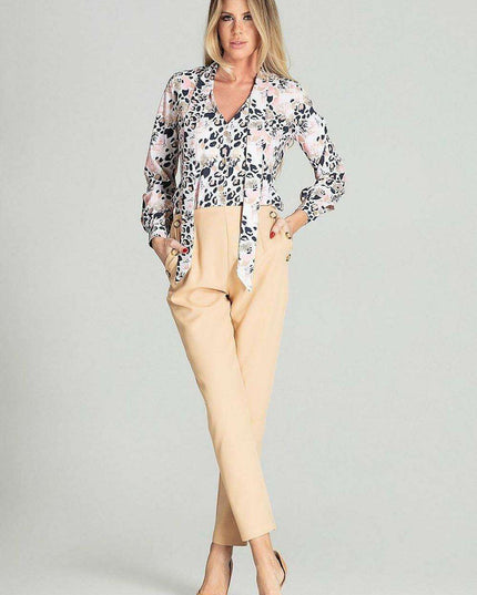 Elegant Leopard Print Blouse with Sash Tie and Long Sleeves