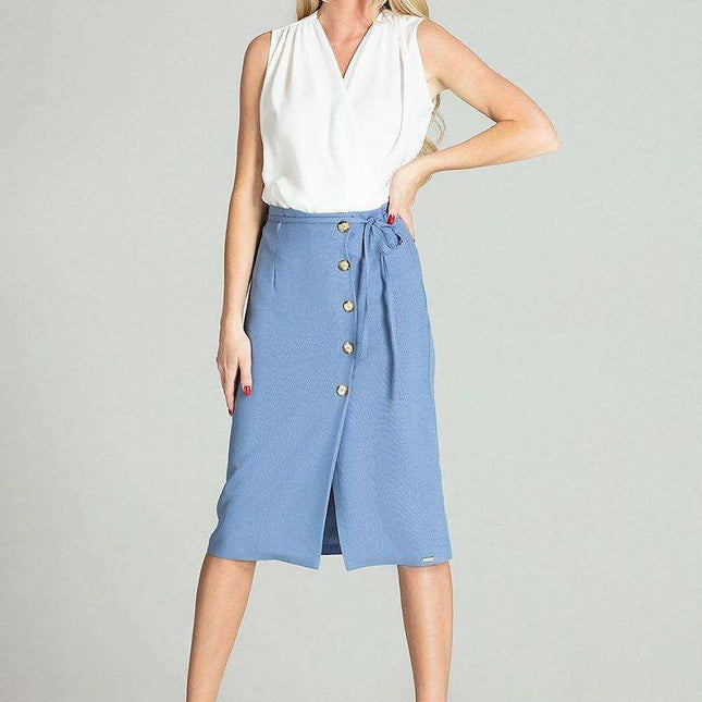 Elegant Checkered Midi Skirt with Stylish Front Overlap and Decorative Button Accents