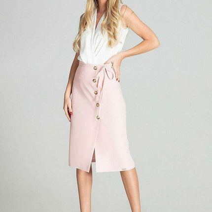 Elegant Checkered Midi Skirt with Stylish Front Overlap and Decorative Button Accents