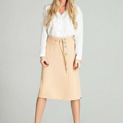 Elegant Checkered Midi Skirt with Stylish Front Overlap and Decorative Button Accents