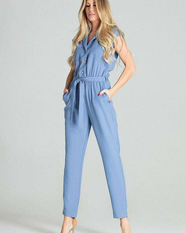 Elegant Beige Sleeveless Jumpsuit with Dropped Shoulders and Stylish Waist Belt