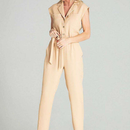 Elegant Beige Sleeveless Jumpsuit with Dropped Shoulders and Stylish Waist Belt