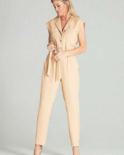 Elegant Beige Sleeveless Jumpsuit with Dropped Shoulders and Stylish Waist Belt