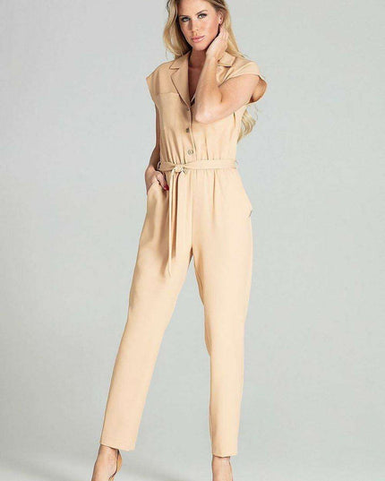 Elegant Beige Sleeveless Jumpsuit with Dropped Shoulders and Stylish Waist Belt