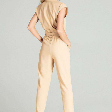 Elegant Beige Sleeveless Jumpsuit with Dropped Shoulders and Stylish Waist Belt