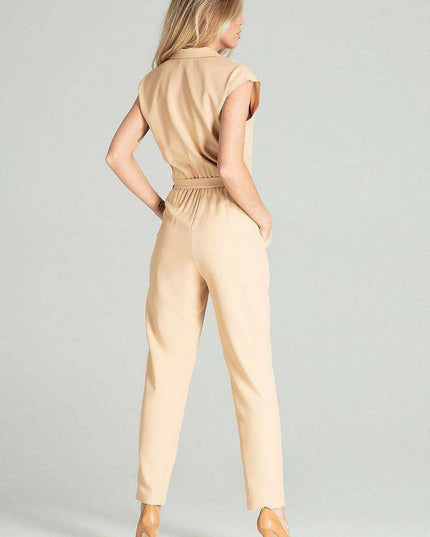 Elegant Beige Sleeveless Jumpsuit with Dropped Shoulders and Stylish Waist Belt