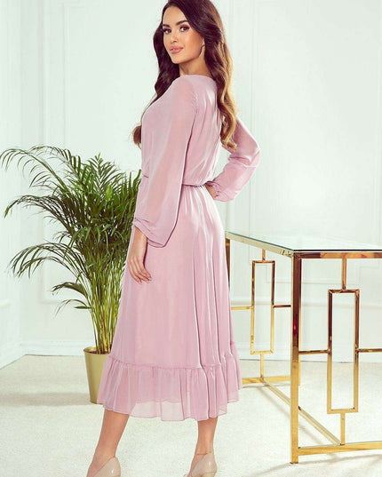 Elegant Red Chiffon Midi Cocktail Dress with Frills by Numoco