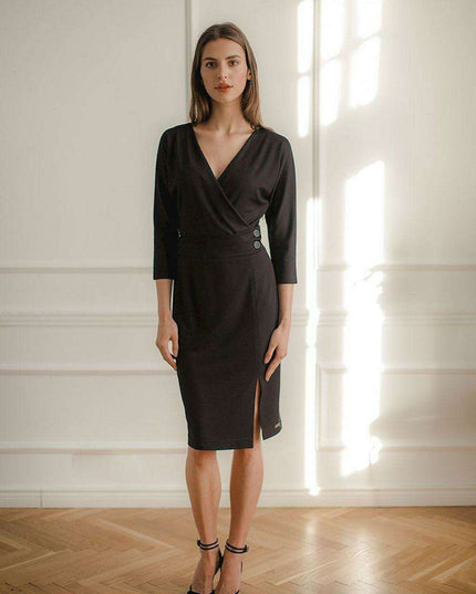 Elegant Black Midi Dress with Kimono Sleeves and Playful Front Slit