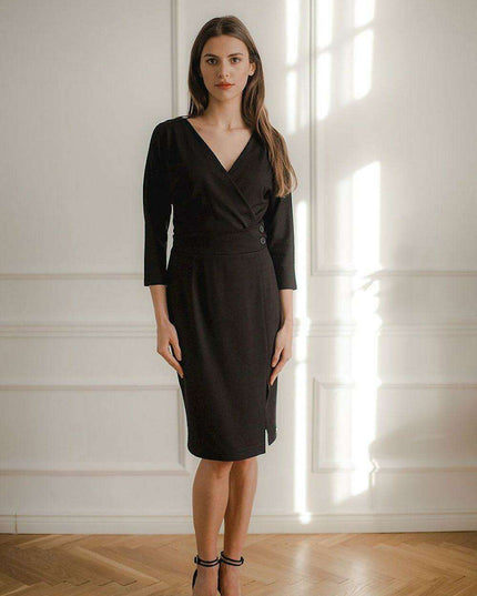 Elegant Black Midi Dress with Kimono Sleeves and Playful Front Slit