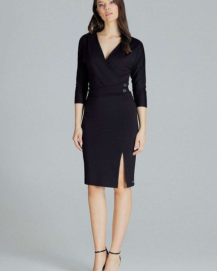 Elegant Black Midi Dress with Kimono Sleeves and Playful Front Slit