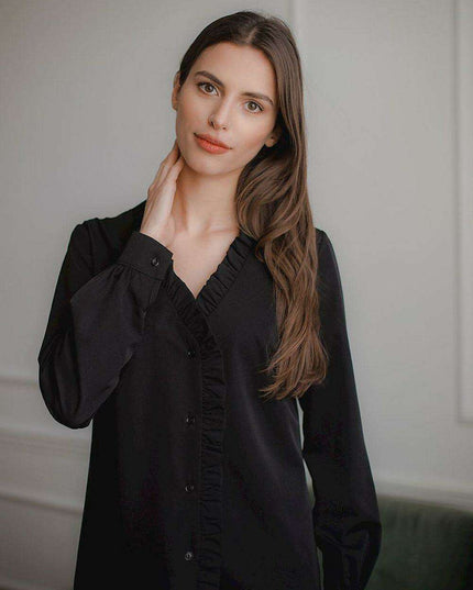 Chic Frill Trim Long Sleeve Heart Neck Shirt