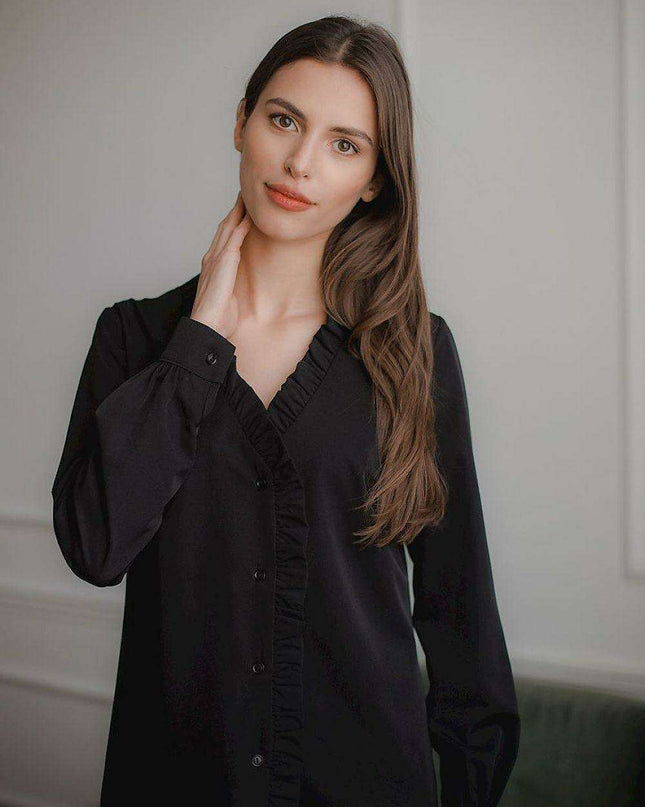 Chic Frill Trim Long Sleeve Heart Neck Shirt