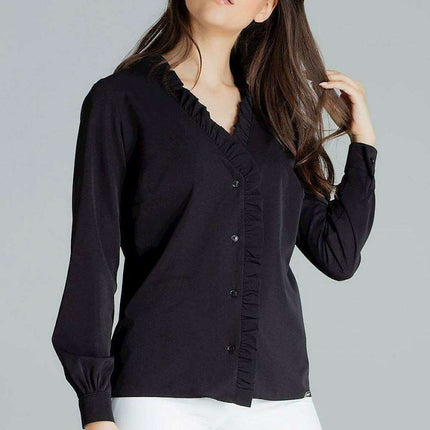 Chic Frill Trim Long Sleeve Heart Neck Shirt