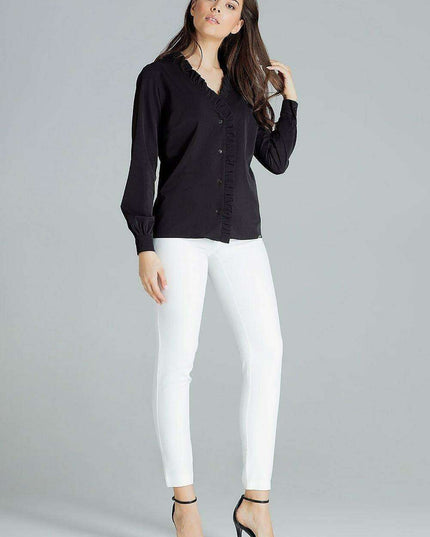 Chic Frill Trim Long Sleeve Heart Neck Shirt