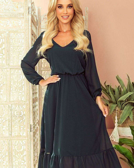 Elegant Red Chiffon Midi Cocktail Dress with Frills by Numoco