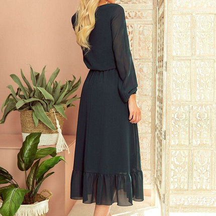 Elegant Red Chiffon Midi Cocktail Dress with Frills by Numoco