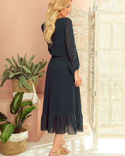 Elegant Red Chiffon Midi Cocktail Dress with Frills by Numoco