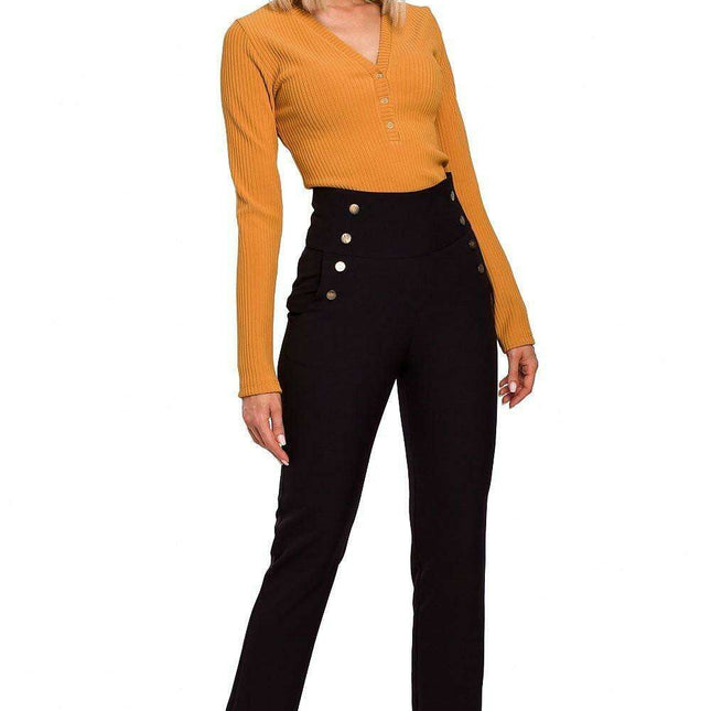 Chic High-Waisted Women's Trousers with Stylish Decorative Press-Studs