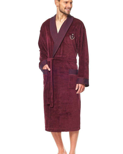 Royal Burgundy Velour Men's Bathrobe with Crown Embroidery