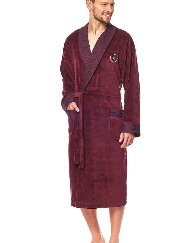 Royal Burgundy Velour Men's Bathrobe with Crown Embroidery