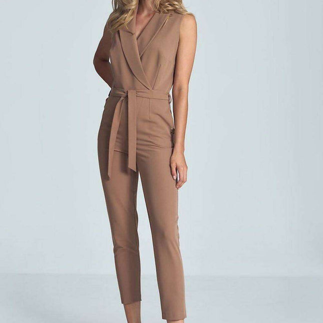Chic Black Heart-Shape Jumpsuit with Collar and Waist Belt