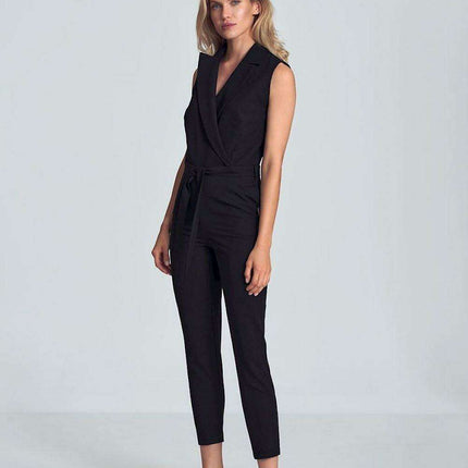 Chic Black Heart-Shape Jumpsuit with Collar and Waist Belt