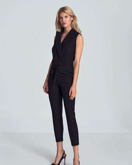 Chic Black Heart-Shape Jumpsuit with Collar and Waist Belt