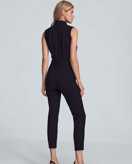 Chic Black Heart-Shape Jumpsuit with Collar and Waist Belt
