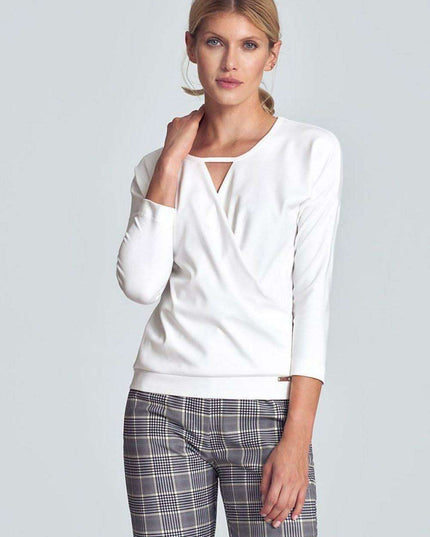 Chic Piped Envelope Neck Blouse for Timeless Elegance