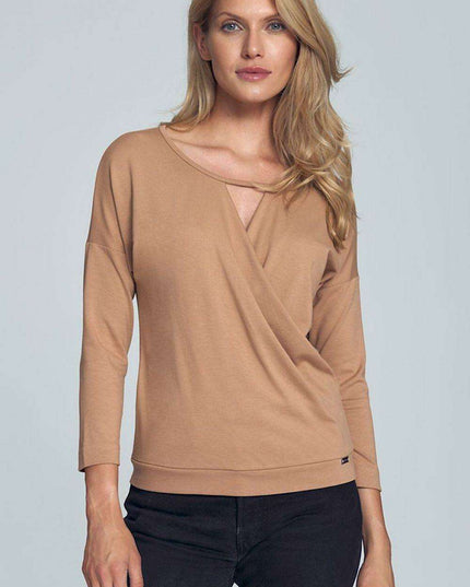 Chic Piped Envelope Neck Blouse for Timeless Elegance