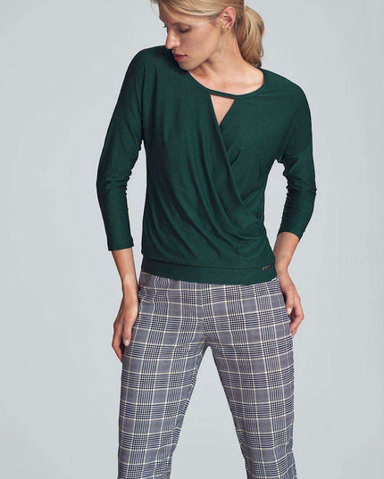 Chic Piped Envelope Neck Blouse for Timeless Elegance