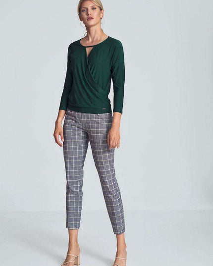 Chic Piped Envelope Neck Blouse for Timeless Elegance