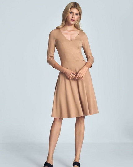 Chic Black V-Neck Midi Dress with Flared Skirt