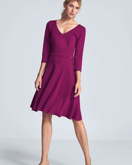 Chic Black V-Neck Midi Dress with Flared Skirt