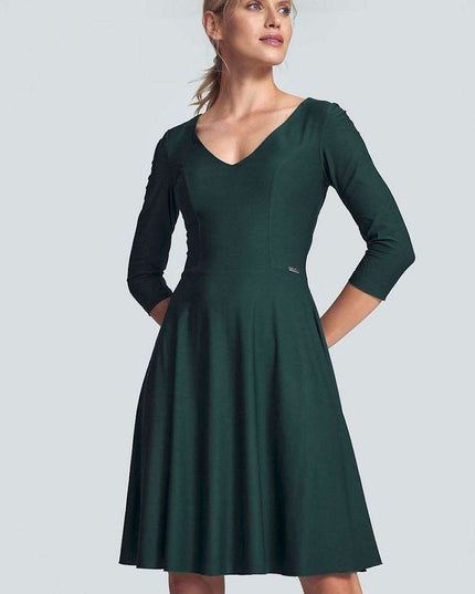 Chic Black V-Neck Midi Dress with Flared Skirt