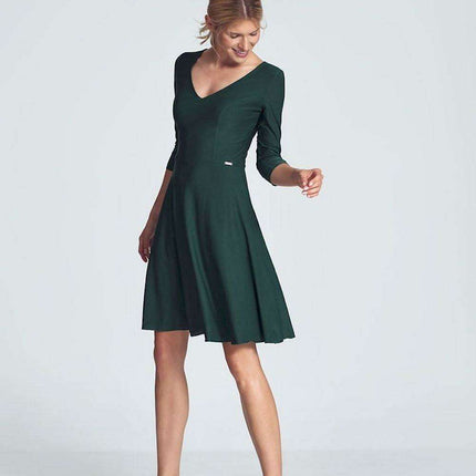 Chic Black V-Neck Midi Dress with Flared Skirt