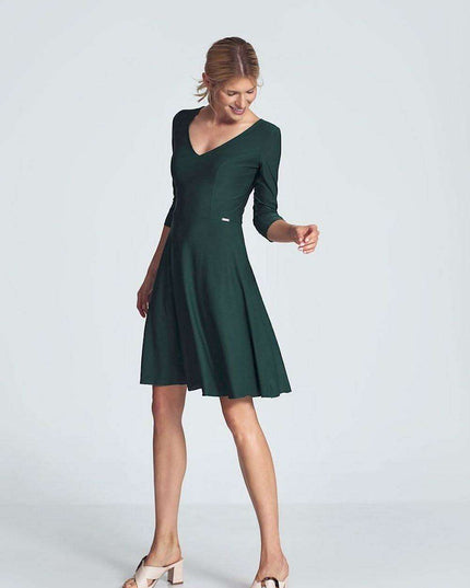 Chic Black V-Neck Midi Dress with Flared Skirt