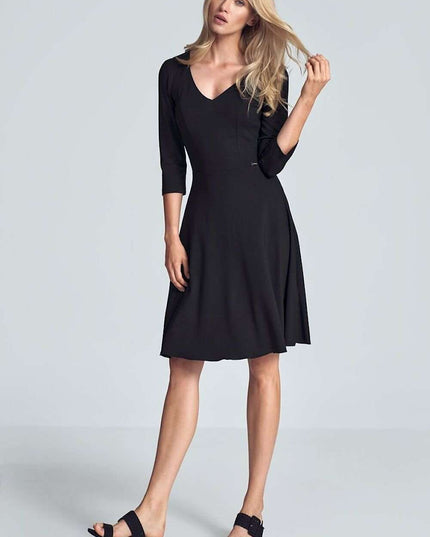 Chic Black V-Neck Midi Dress with Flared Skirt