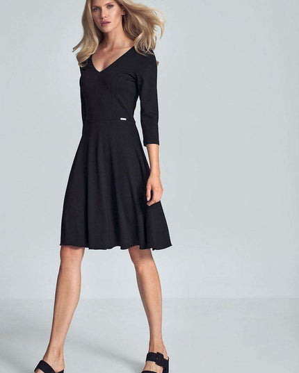 Chic Black V-Neck Midi Dress with Flared Skirt