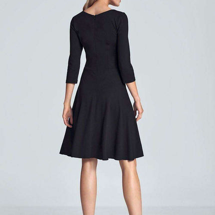 Chic Black V-Neck Midi Dress with Flared Skirt