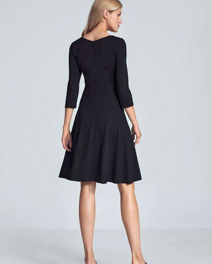 Chic Black V-Neck Midi Dress with Flared Skirt