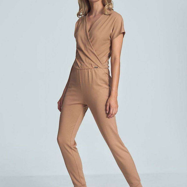 Elegant Black Jumpsuit with Trendy Envelope Neckline and Relaxed Elastic Waist