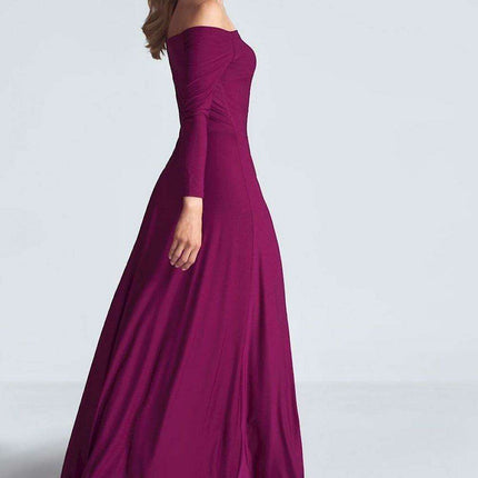 Elegant Off-Shoulder Black Maxi Gown with Pleated Bust and Defined Waist