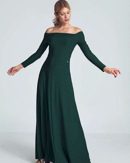 Elegant Off-Shoulder Black Maxi Gown with Pleated Bust and Defined Waist