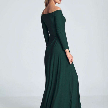 Elegant Off-Shoulder Black Maxi Gown with Pleated Bust and Defined Waist