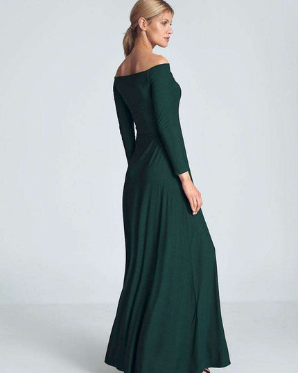 Elegant Off-Shoulder Black Maxi Gown with Pleated Bust and Defined Waist