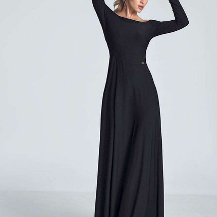 Elegant Off-Shoulder Black Maxi Gown with Pleated Bust and Defined Waist