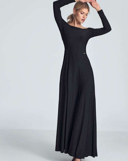 Elegant Off-Shoulder Black Maxi Gown with Pleated Bust and Defined Waist