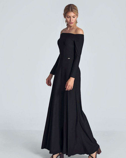 Elegant Off-Shoulder Black Maxi Gown with Pleated Bust and Defined Waist