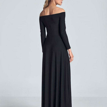 Elegant Off-Shoulder Black Maxi Gown with Pleated Bust and Defined Waist
